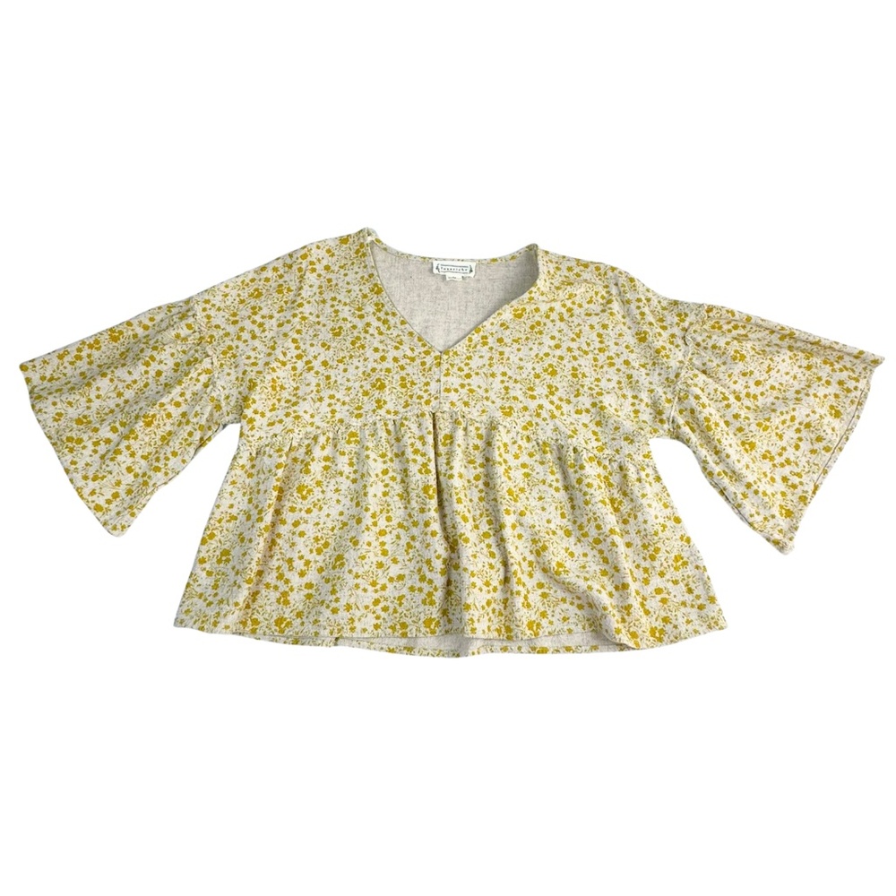 Loveriche Yellow Floral Peplum Blouse Medium Boho Bell Sleeve